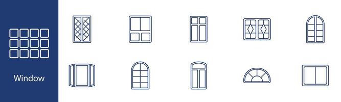Window set icon. Different window types, grid, arched, bay, casement, sash. Home improvement, architecture, interior design, window styles concept. vector