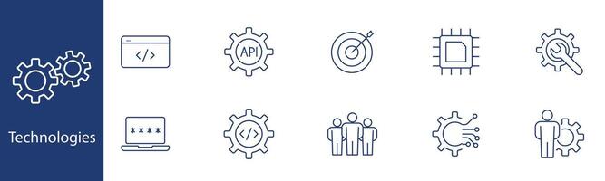 Technologies set icon. Coding, API, target, chip, settings, team, cybersecurity, circuit. Programming, technology development, IT solutions, tech support concept. vector