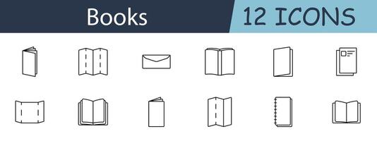 Books set icon. Includes various book, notebook, and brochure symbols. Perfect for literature, publishing, and education concepts. line icon on white background. vector