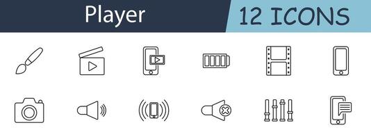 Player set icon. Paintbrush, , mobile, battery, filmstrip, camera, speaker, megaphone, sliders, message. Multimedia player, creative tools, audio-visual content concept. vector