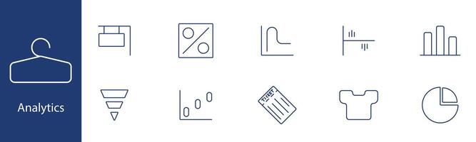 Analytics set icon. Graph, chart, percentage, funnel, report, statistics, data, analysis, metrics, pie chart. Business intelligence, data visualization, information concept. vector