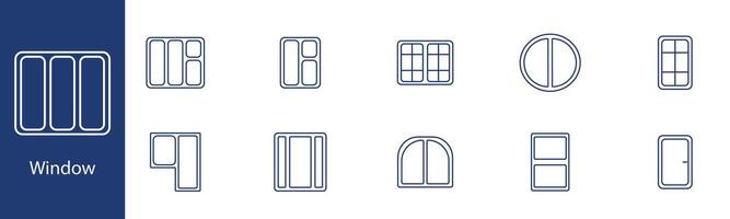 Window set icon. Sliding, casement, bay, round, arched, double-hung, picture, transom, awning, hopper. Home, architecture, design concept. vector