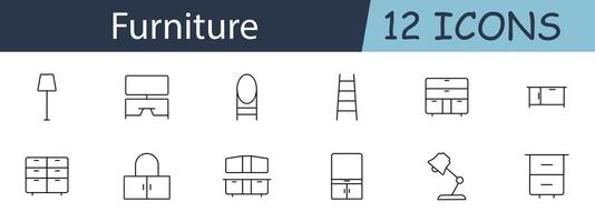 Furniture set icon. Lamp, TV stand, vanity, ladder shelf, cabinet, sideboard, dresser, wardrobe, bookcase, desk lamp, nightstand. Household furniture concept. line icon on white background. vector