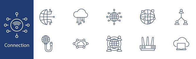 Connection set icon. Wifi, globe, cloud, network, cable, router, communication, users, link, internet. Digital communication, global connectivity, online interaction concept. vector