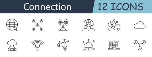 Connection set icon. Globe, network, signal tower, people, cloud, cloud network, Wi-Fi, social network, computer, world map, connections. Connectivity concept. line icon on white background. vector