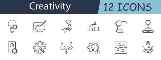 Creativity set icon. Includes symbols for idea generation, design, innovation, and problem-solving. Suitable for creative processes, brainstorming, and project development concepts. line icon vector