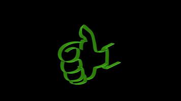 Thumbs up green like animation 3d icon line drawing on black and transparent background with light ray graphics video