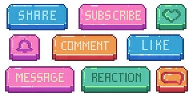 Social pixel media pixel banner. Retro 8 bit game UI interface, app website blog elements, like share subscribe comment buttons. set. vector