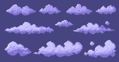 Pixelated 8 bit clouds. Retro game sky background, digital 2D sprite asset, blue white cloud shapes for game design. isolated set. vector
