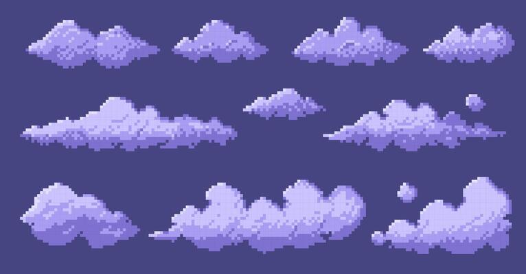 Pixelated 8 bit clouds. Retro game sky background, digital 2D sprite asset, blue white cloud shapes for game design. isolated set.