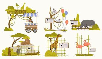 Zoo landscape elements. Cartoon zoo park entrance with fence and gate, wild animals cage and trees, zoo road and pond. zoo park set. vector