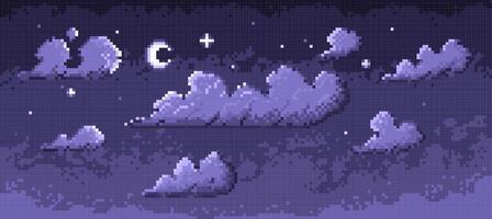 Pixel night sky. Retro low poly background with stars and clouds, nostalgic 8 bit space scene. monochrome illustration. vector