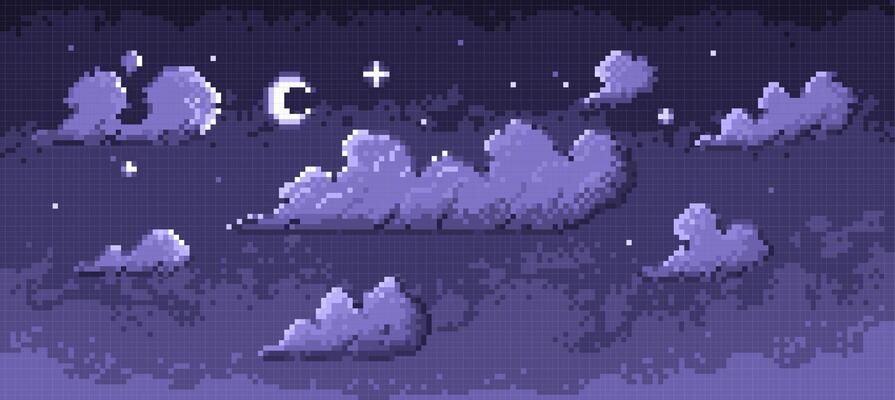 Pixel night sky. Retro low poly background with stars and clouds, nostalgic 8 bit space scene. monochrome illustration.
