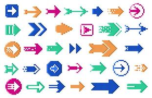 Pixel 8 bit arrows. Dotted retro navigation cursors, retro 8 bit direction pointers, retro 8 bit arrow icons. 8 bit game elements set. vector