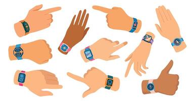Smart watch on hands. Modern smartwatch on man wrist, wearable technology concept, person wearing smart watch with app interface. illustration. vector