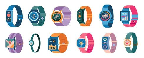Activity tracker. Smart fitness band with heart rate monitor and step counter, sport wrist watch with application. isolated set. vector