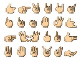 Pixel hands. Retro 8 bit game finger gestures, arcade computer web 90s technology icons, 2D sprite rock n roll rockabilly rock music. set. vector