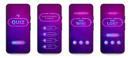 Mobile quiz game interface. Questionnaire template with multiple choice questions, exam test and evaluation app layout. infographic design. vector