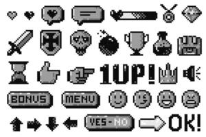 Black pixel game icons. 8 bit arcade game assets, simple cursor hand icons, health bar, UI buttons, emoticon faces. isolated collection. vector