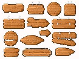 Wooden pixel signs. Retro 8 bit game board frame, vintage blank banner panel, pixelated wooden panel and signpost. isolated set. vector