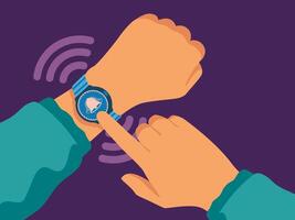 Smart watch gesture concept. Modern smartwatch with touch screen, wristwatch with wireless connection and internet access. illustration. vector