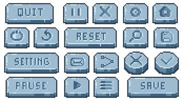 Stone pixel buttons. Old school game interface elements, 8 bit retro app navigation panel. square UI game elements isolated collection. vector