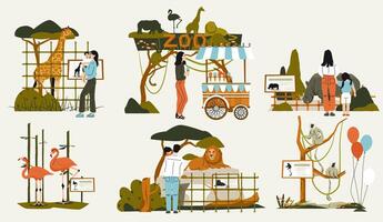 People in zoo. Cartoon zoo characters, visitors looking at animals in cages, wildlife park with different animals and birds. illustration vector