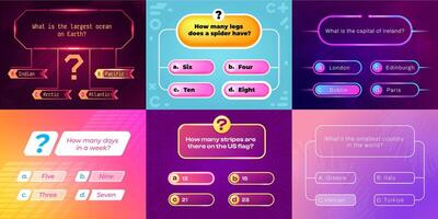 Trivia game ui. Question and answer template for quiz show, multiple choice interface with buttons and timer. game app layout vector