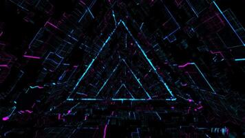 Flying through glowing neon triangle tunnel made of morphing digital patterns. Abstract background for music performances, science fiction and high technology visualizations. Animation, 4k, 30 fps video