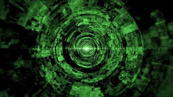 Moving through green tunnel made of digital glitch elements with bright light effect. Abstract background for computer engineering, modern science, internet connections and data flow. 4k, 60 fps video