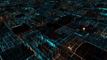 Sci-fi background with blue and orange neon lights and futuristic technology elements. Digital 3D animation of flying above glowing computer board with bright digital patterns on surface. 4k , 60 fps video