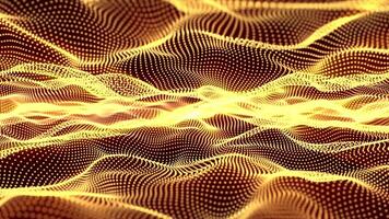 Loopable animation of hot golden particle waves. Futuristic background for science fiction, digital engineering, artificial intelligence and modern technologies. Looped screensaver, 4k , 60 fps video