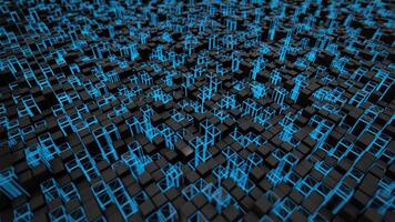 Wavy field of black and blue blocks with moving camera effect. Futuristic three-dimensional background for science fiction, business presentations and digital technologies. 3D render, 4k, 60 fps video