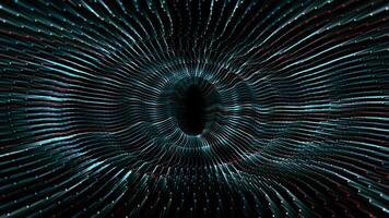 Abstract wavy tunnel made of colorful shiny particles on a dark background. Futuristic animation for digital engineering, computer technologies, internet connections and science fiction. 4k, 60 fps video