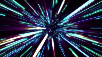 Loop background with flying through the hyperspace. Lightspeed universe tunnel made of glowing neon lines with different colors and soft light effect. Animation of travelling in space. 4k, 60 fps video