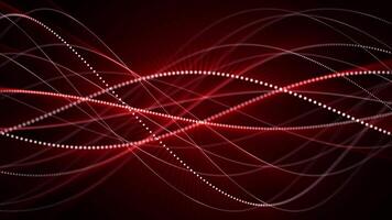 Red seamless loop screensaver with abstract structure made of white dotted curves spinning around on a dark background with shine effect. Animated elegant waves of glowing particles. 4k , 60 fps video
