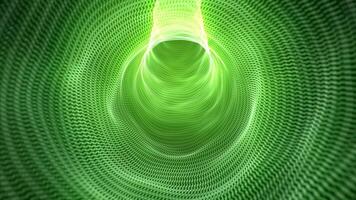 Green wavy tunnel with bright glow effect. Elegant soft light background with wave tube made of digital elements. Computer science, biology, internet connections and data flow animation. 4k , 60 fps video