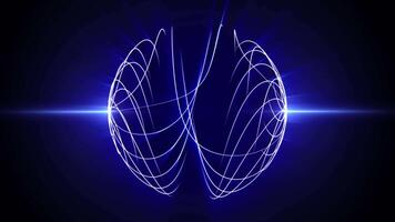Looped animation with spherical field of glowing energy lines. Abstract structure in a shape of sphere made of moving hi-tech streaks with shine effect on a dark blue background. VJ loop , 4k , 60 fps video