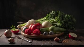 a plate with fresh vegetables on a table photo
