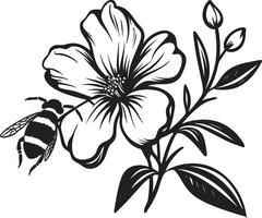 Pollinator Pair Black Graphic with Bee and Blossom Harmony in Bloom Minimalist Black Icon vector