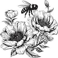 Blossom Ballet Minimalist Black Design with Flower Bud and Bee Bee Ballet Flower Bud and Bee Emblem in Black vector