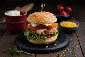 a hamburger with vegetables and cheese on a plate photo