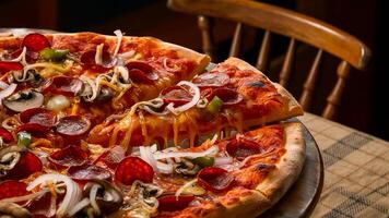 a pizza with pepperoni, mushrooms, onions and peppers photo