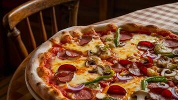 a pizza with pepperoni, mushrooms, and onions on a table photo