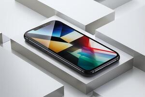 an iphone is sitting on top of a white cube photo