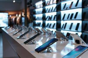 A modern smartphone shop with many different new phones. AI generate photo