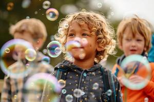 Kids playing with soap bubbles.AI generate photo