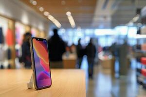 A smart phone store showcasing the latest models with people in the blurred background. AI generate photo