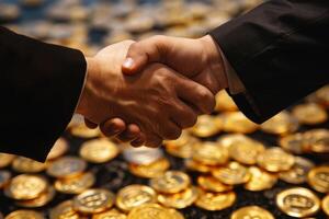 Two hands shaking firmly above a pile of golden Bitcoins.AI generate photo