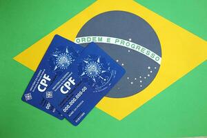 KYIV, UKRAINE - OCTOBER 31, 2023 Blue CPF card document template. The document guarantees authenticity and integrity in electronic communication between people in Brazil photo